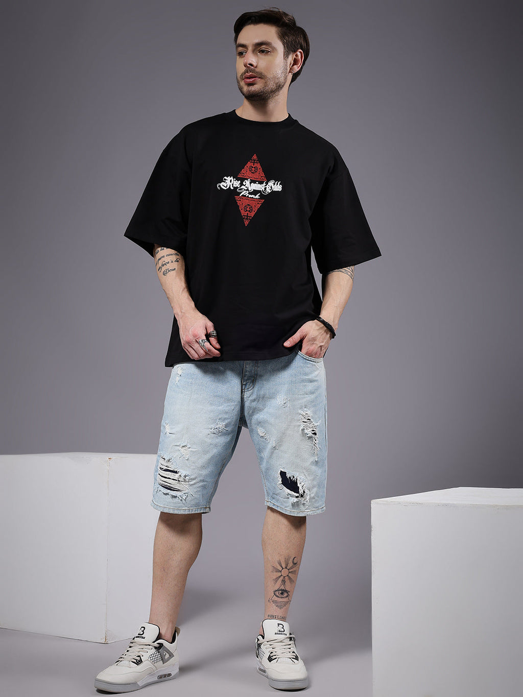Rise Against Odds Puff Printed Men Oversized Terry T-shirt