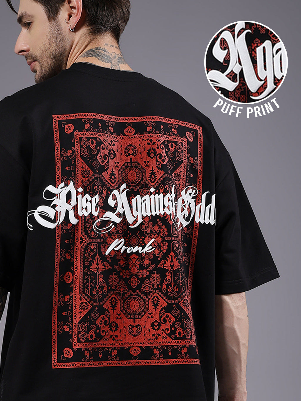 Rise Against Odds Puff Printed Men Oversized Terry T-shirt