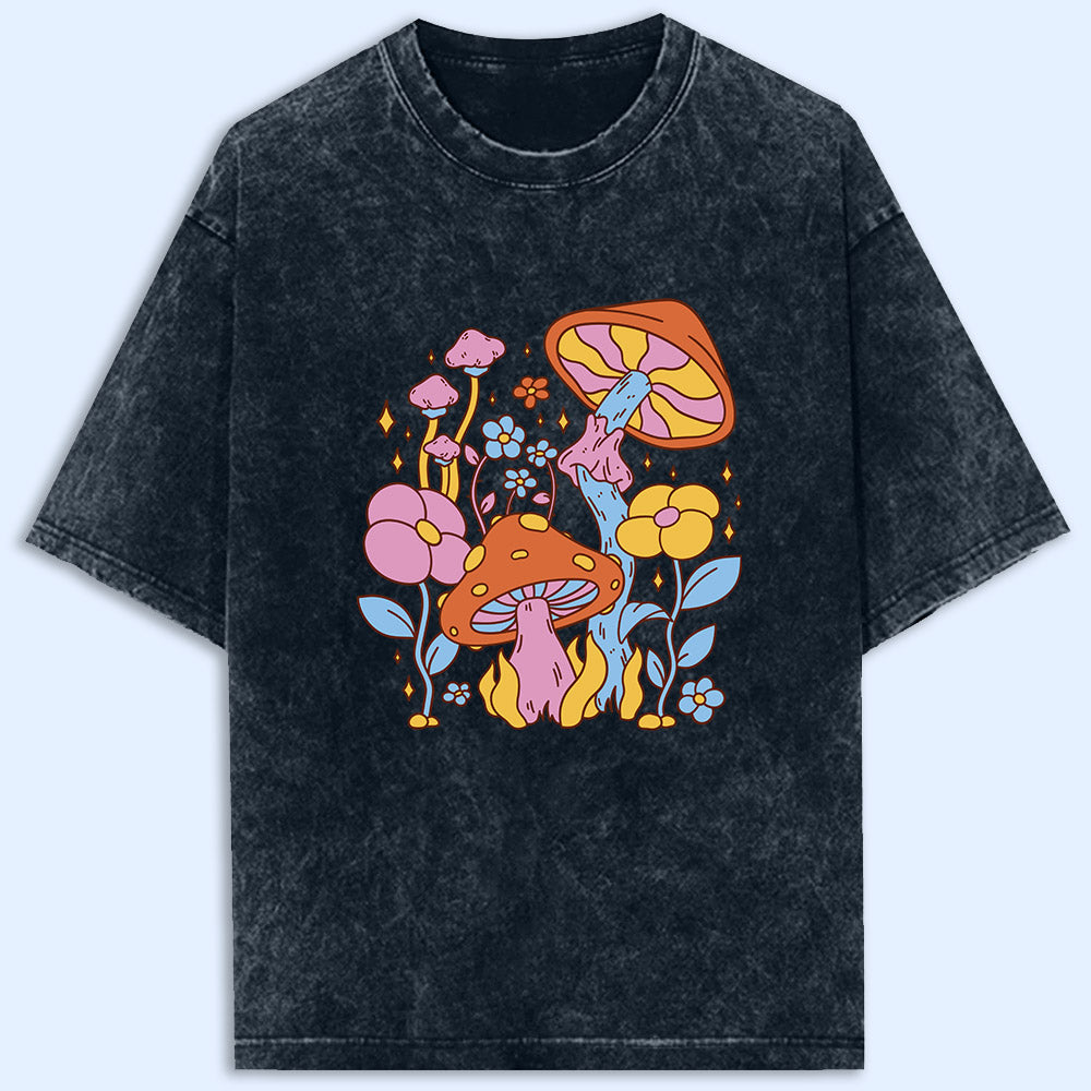 Hippie Flower Mushroom Acid Wash Oversized T-Shirt
