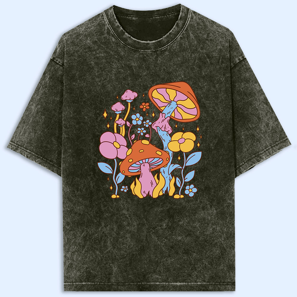 Hippie Flower Mushroom Acid Wash Oversized T-Shirt