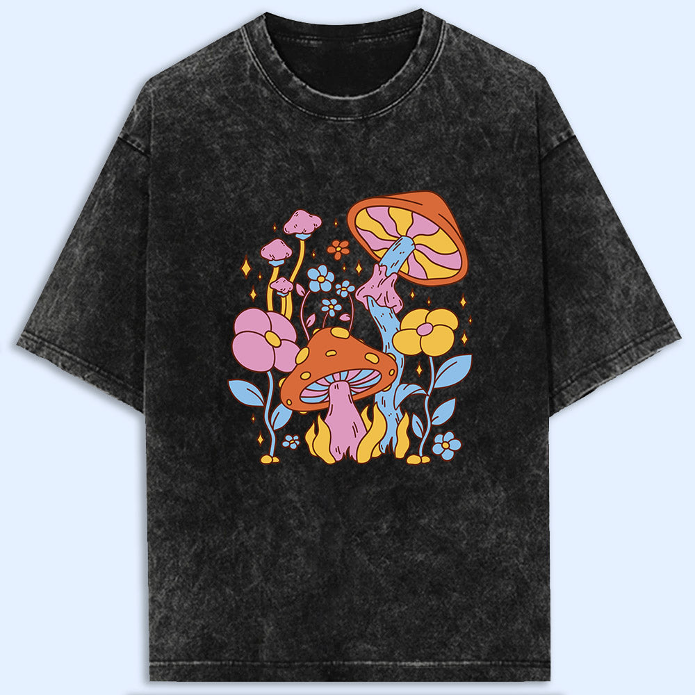 Hippie Flower Mushroom Acid Wash Oversized T-Shirt