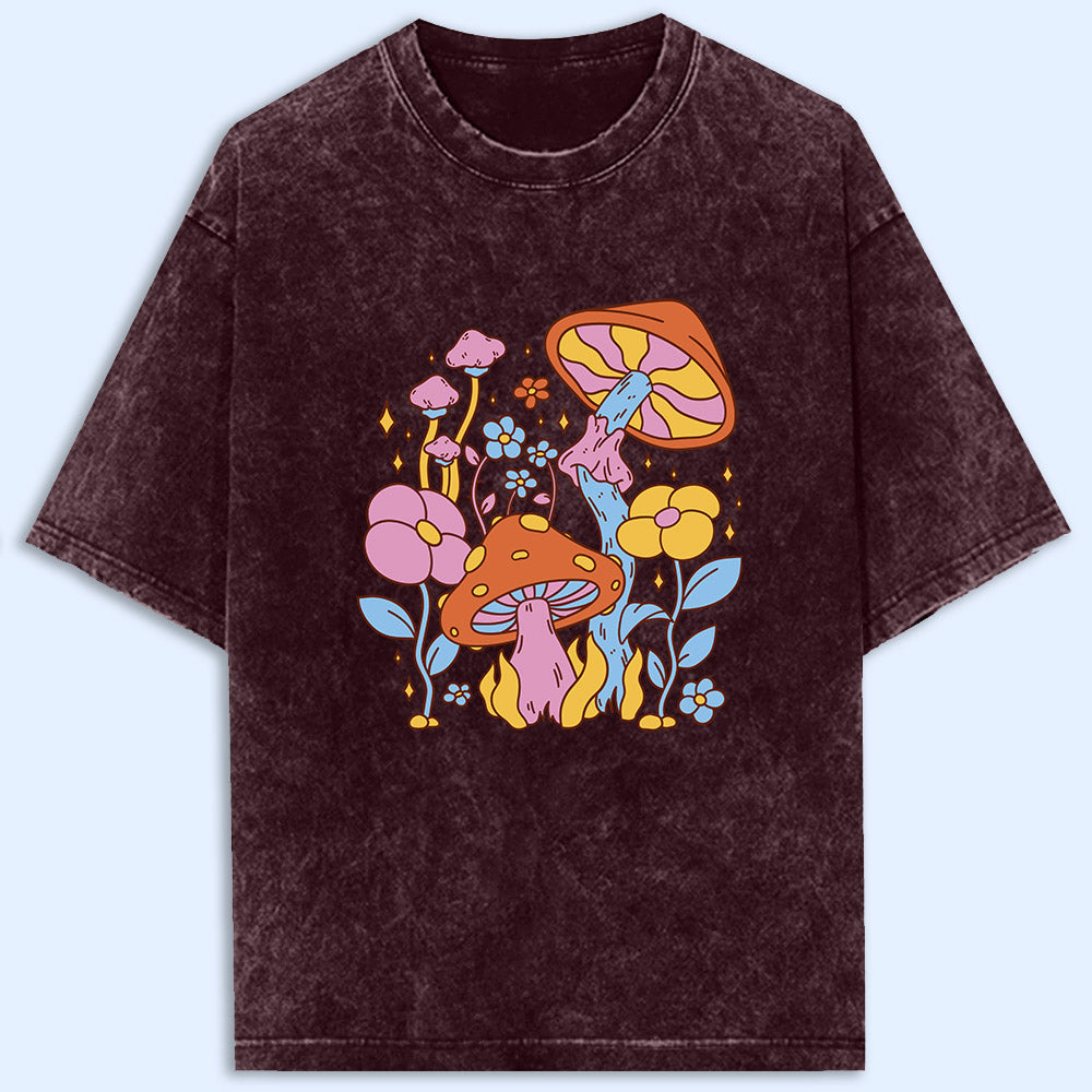 Hippie Flower Mushroom Acid Wash Oversized T-Shirt