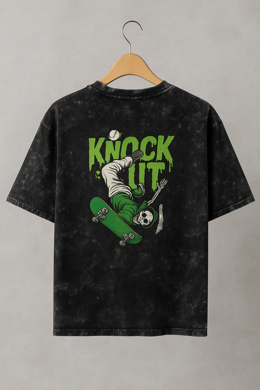 Knock Out  -Skelton skater  Oversized Black Acid Wash Tee